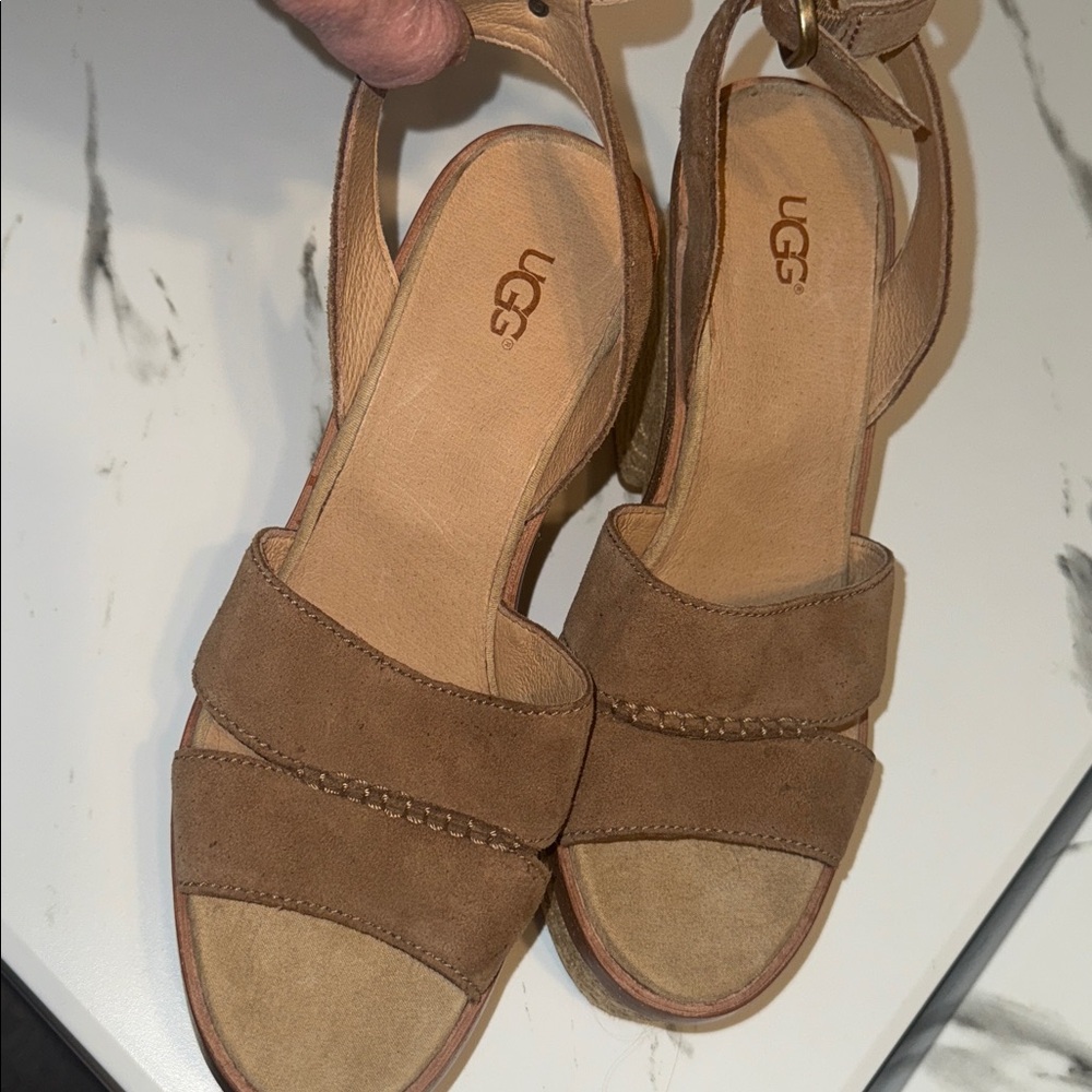Ugg Tan Suede Wedge Ankle Wrap Sandals. Size 9-1/2 - Picture 6 of 15
